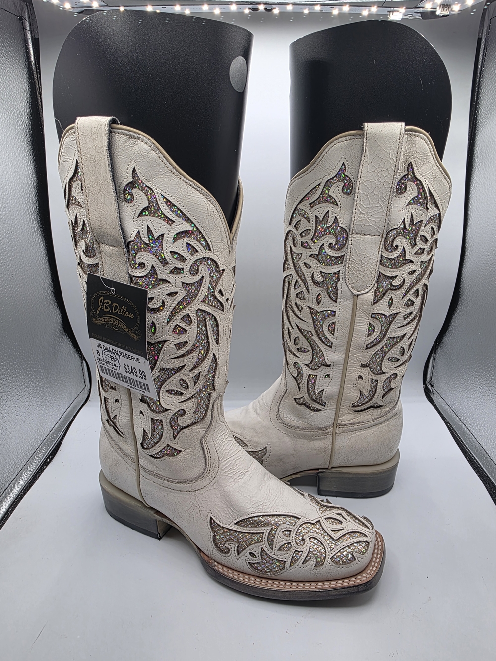 J.B. Dillon Western Glitter White Distressed Color Woman's Size 8 Cowboy Boots.